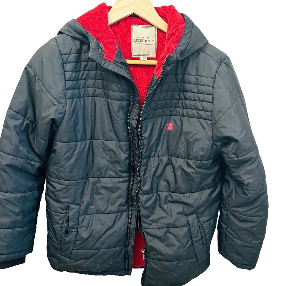 Lucky Brand Men's Quilted Puffer Jacket Size L Gray Red Fleece Lined Hooded